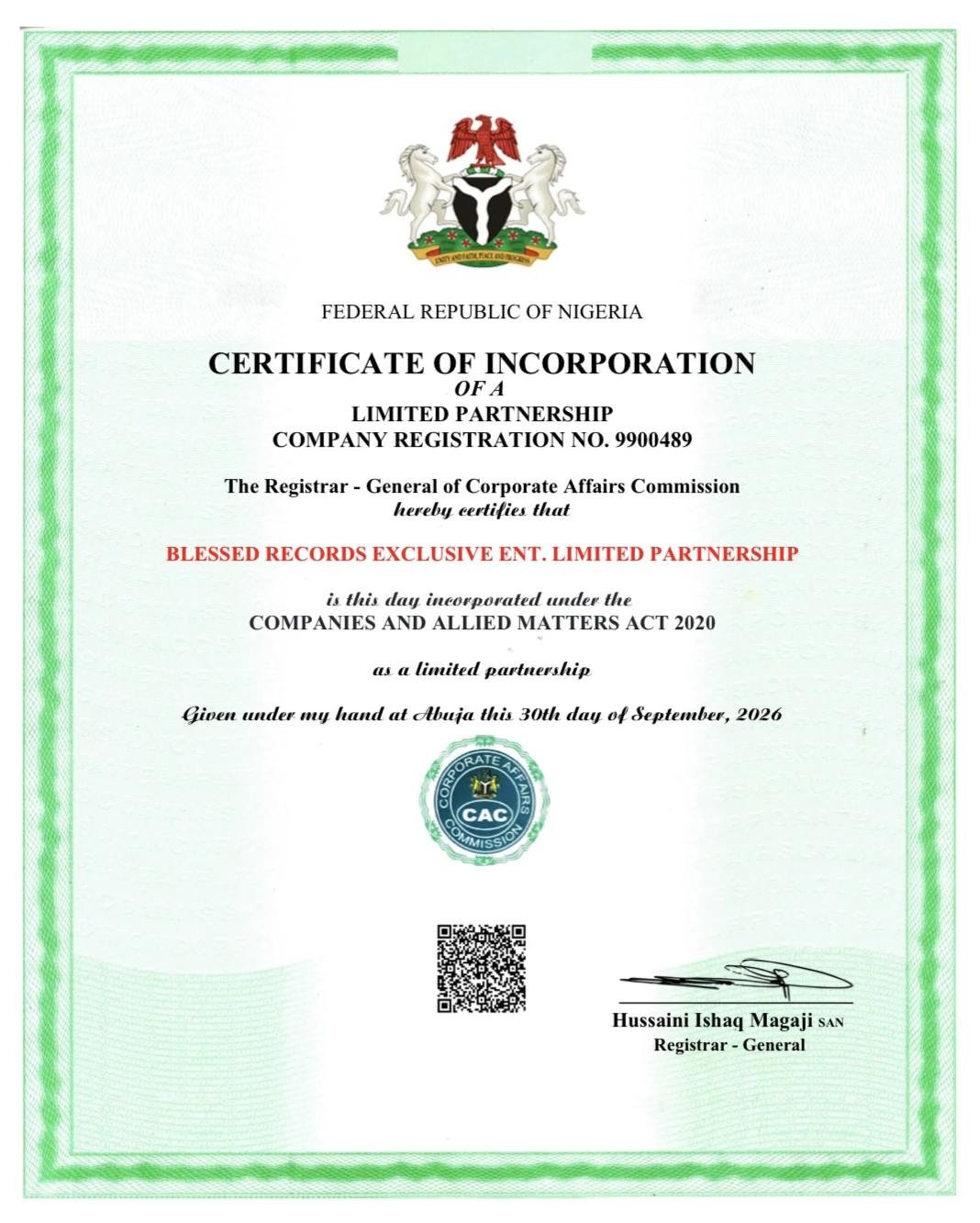 Certificate of Incorporation of a Limited Partnership issued by the Corporate Affairs Commission to Blessed Records Exclusive Ent. Limited Partnership, company registration number 9900489, dated 30 September 2026