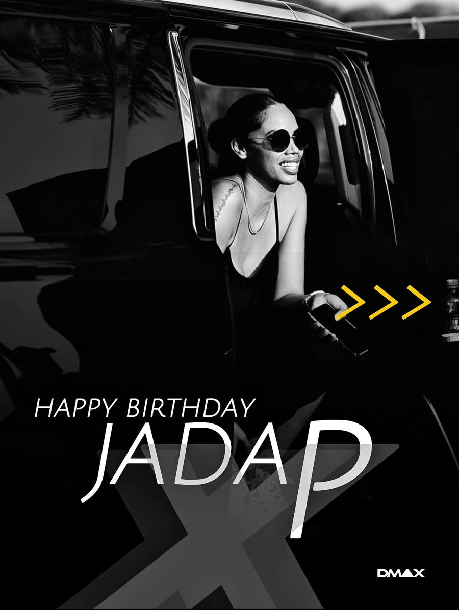 Black and white birthday graphic reading Happy Birthday Jada P with a smiling woman in sunglasses leaning out of a car