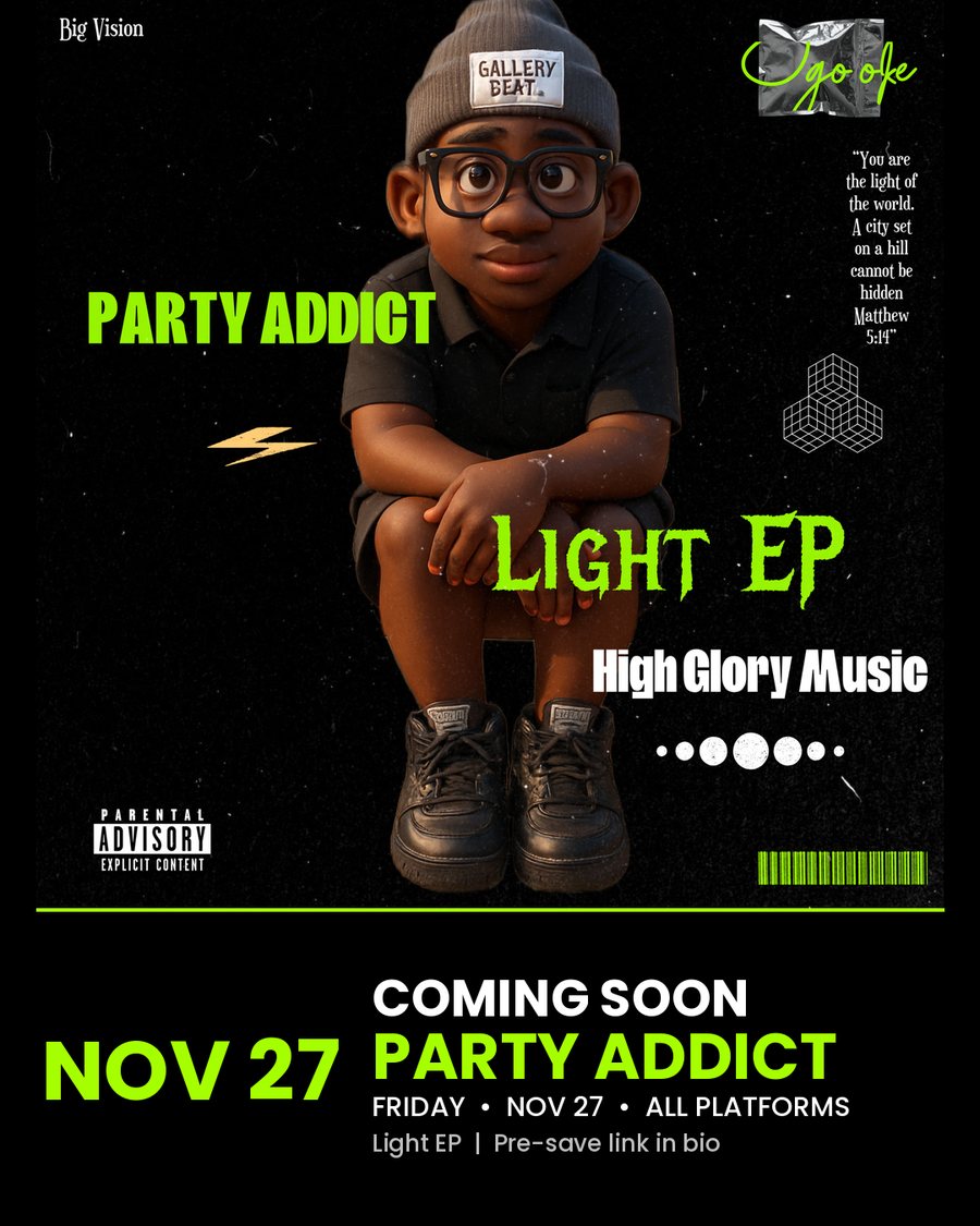 Campaign artwork for Party Addict by High Glory Music from the Light EP, showing a cartoon-style figure in a beanie and glasses, with the release date Friday 27 November