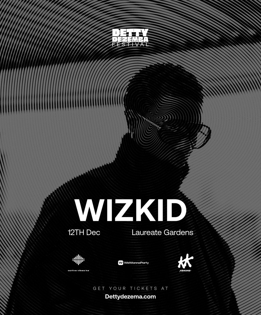 Black and white Detty Dezemba Festival poster with a silhouette of Wizkid in swirling line art, showing the date 12th Dec, Laureate Gardens, and Dettydezema.com for tickets