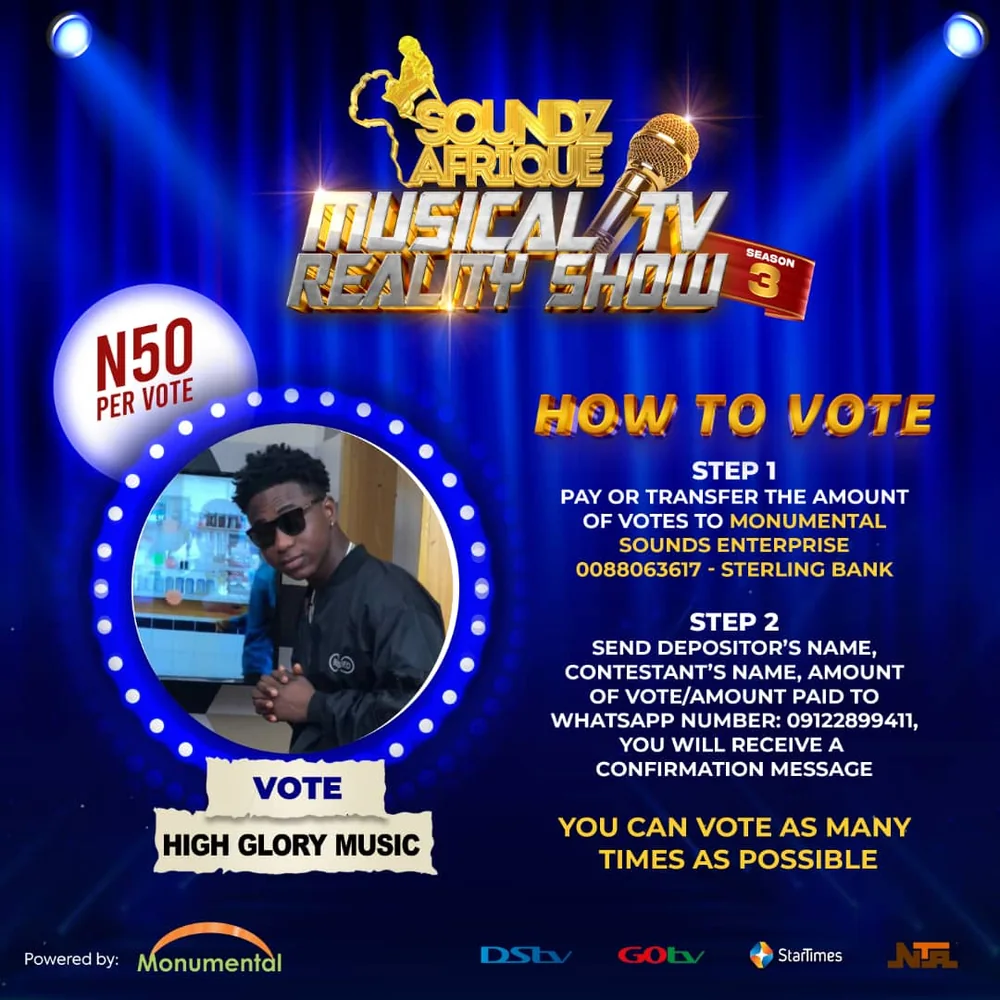 Vote flyer for High Glory Music on Soundz Afrique Musical TV Reality Show, Season 3